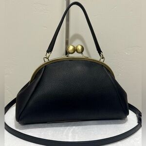 Black Pebble Cowhide Leather Handmade Retro Style Kisslock Bag, Multi Use Style